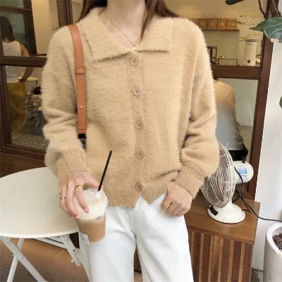 Dropshipping Polo Neck Fuzzy Cardigans Elegant Pullovers Short Sweater Fall Retro Women Cardigan Coats