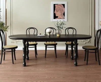 Retro Oval Black Wooden Dining Table with Decorative Turned Legs, Farmhouse Style Dinner Table for Dining Room
