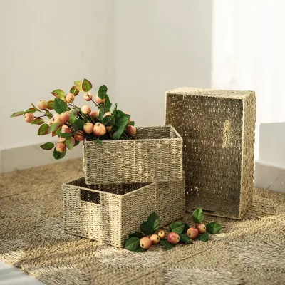 Multi-Function Natural Seagrass Folding Storage and Decorative Laundry Basket with Garden Handle