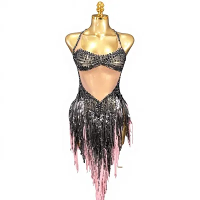 New Sexy Spicy Girl Black Rhinestone Fringe Spandex/Cotton Dance Performance Costume for Latin Club Party & Ballroom