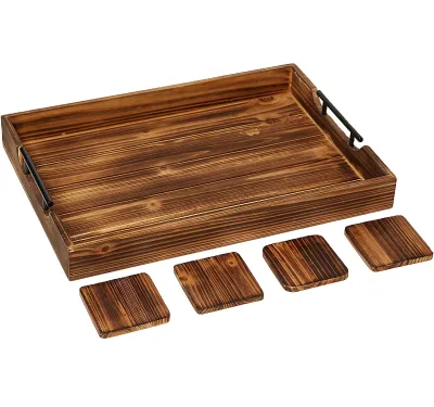 Rustic Wooden Tray with Coasters Wooden Serving Tray with Handles for for Breakfast Home Decor