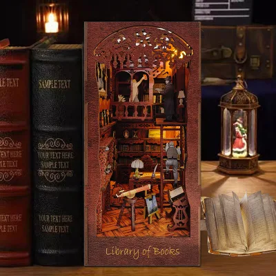 Y-TOP Handmade Wooden Book Nook Solas Academy Bookends Assemble Toys Customization 3d Puzzles Adult Wood Puzzle DIY House Set