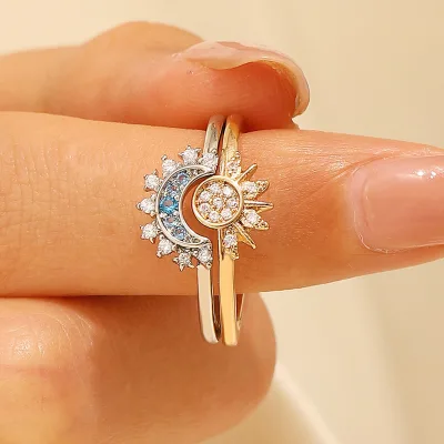 Sun and Moon Stackable Rings for Women Cross-Border Couple Rings with Natural Stone and Copper High-End Luxury Wholesale