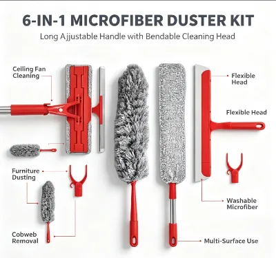 New 6-in-1 Long Handle Microfiber Duster Long Flexible Handle for Bendable Head Cleaning Ceiling Fans Furniture Cobwebs Feather