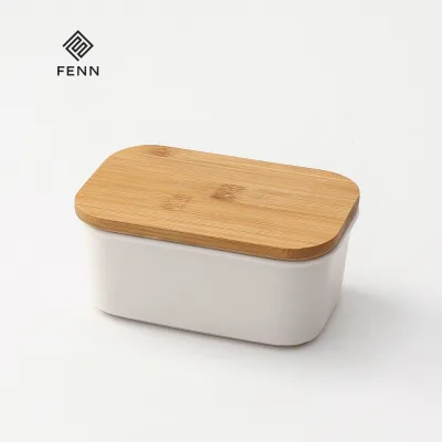 FENN Porcelain Butter Dish Covered Butter Container with Wooden Lid for Countertop Large Butter Dish with Covers Great for West