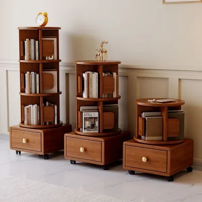 360 Degree Rotating Book Shelf Solid Wood Cylinder Tower with Swivel Mechanism Drawer Storage for Living Room Home Office Corner
