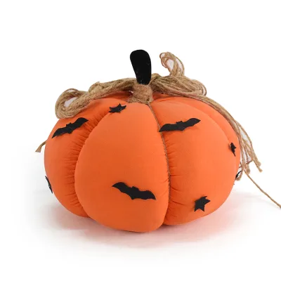 Handmade Pumpkin Figurine Artificial Plush Seasonal Thanksgiving Orange Fabric Halloween Pumpkin with Bat Ornament
