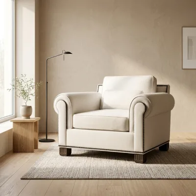 FERLY Elegant White Single Sofa Chair Button Tufted Armchair with Curved Back and Oak Wood Legs Modern Home Furniture