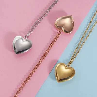 Hot Sale Heart Shaped Locket Pendant Polish Bright Stainless Steel Locket Heart Photo Box Pendant Necklace
