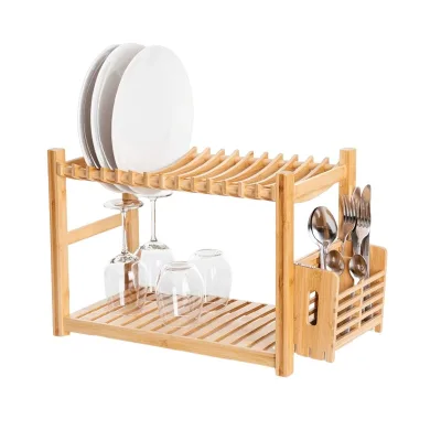 2 Tier Drying Rack Bamboo Dish Rack With Utensil Holder for Cups Wine Glasses Plates