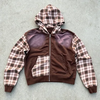 Manufacturer Custom 100% Cotton Patchwork Color Block Zip up Check Plaid Cropped Acid Washing Sun Faded Zip up Hoodie for Men