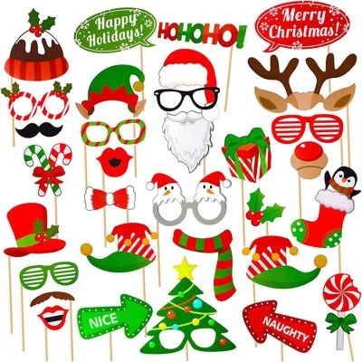 32-Piece Wood  Christmas Party Photo Booth Props & Photography Accessories for Family Holiday Events
