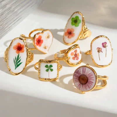 Vintage 18K Gold Rings Stainless Steel Long Oval Orange and Green Plum Blossom Enamel Open Rings