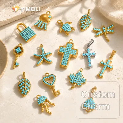 YIMEILI&Stainless Steel 18K Gold-plated Turquoise Color Pavé Stone Pendant Marine Animal Cross Heart Lock Shape DIY  Charm