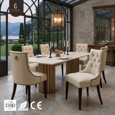 Old Money Elegant High Back Dining Chair with Fabric Tufted Back and Metal Pull Ring for Luxury Designer Villa Interior Project