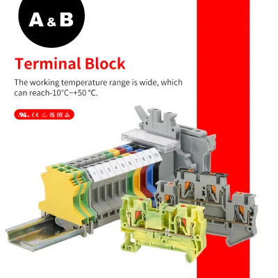 Grey PA66 Nylon UK2.5B 800V 2-Pole 32A Spring Brass Contact Panel Mounted Feed Screw Cage DIN Rail Screw Terminal Block