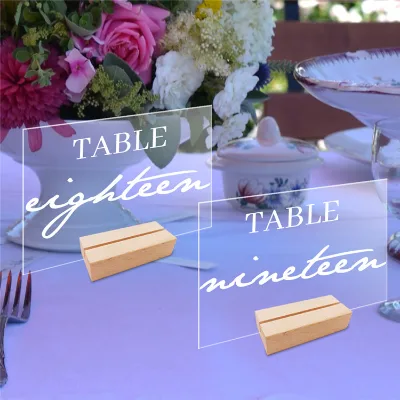 Wedding Hotel Table Number Clear Acrylic Sign Holder Display Menu Holder Stand With Wooden Base