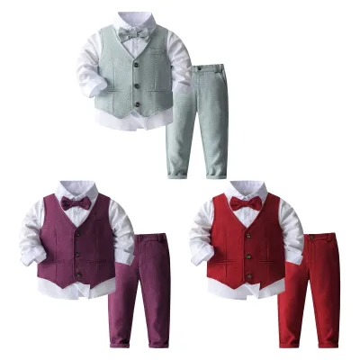 12m-6y Baby Boy 4pcs Cotton Suit Toddler Gentleman Outfit Birthday Party Wedding Performance Clothes Shirt Bowtie Vest Pants Set
