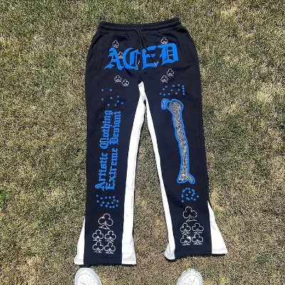 Straight Leg Patchwork Rhinestone Flare Sweat Pants Men Cotton Puff Print