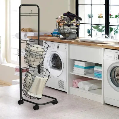3 Tier Metal Basket Laundry Organizer with Wheels Removable Baskets for Clothing Sorting in Laundry Room