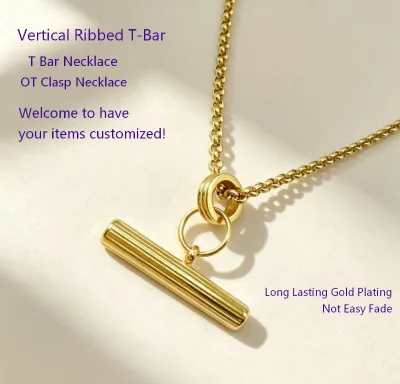 Inspire Jewelry Stainless Steel Ribbed T Bar Toggle Necklace Vertical Striped OT Clasp Rolo Chain Minimalist Women Men Jewelry