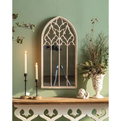 European-Style Arch Mirror Wood Carved Bedroom and Living Room Decorative Wall Hanging Mirror for Home