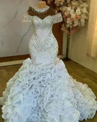 2026 New African Bride Wedding Gown Crystal Beaded Organza Mermaid Dress with Cascading Ruffles for Aso Ebi Ceremony