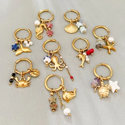 Wholesale Waterproof Ocean Miniature Hoop Earrings PVD Gold Plated & Pearl Vocation Earring Jewelry for Women