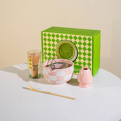 Wholesale pink Bone China Classic Eco-Friendly Matcha Bowl and Japanese Bamboo Whisk Set for Tea Ceremony