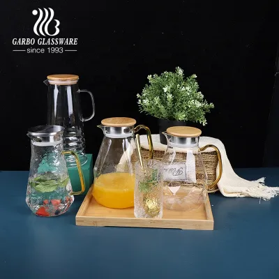 Hot Selling Popular Fancy Glass Water Jug clear Pattern Design Glass Pitcher with Lid Big Size Glasses with Handle