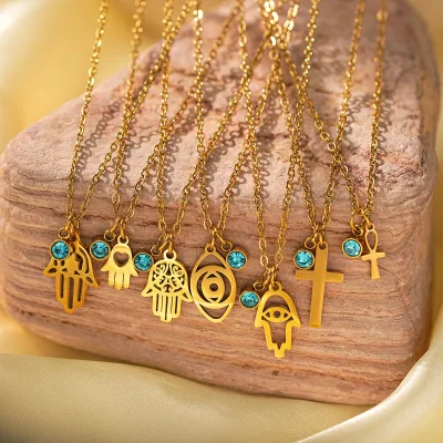 Fashion Stainless Steel 18K Gold Plated Crystal Devil Eye Pendant Necklace Cross Hamsa Hand Pendant Necklaces