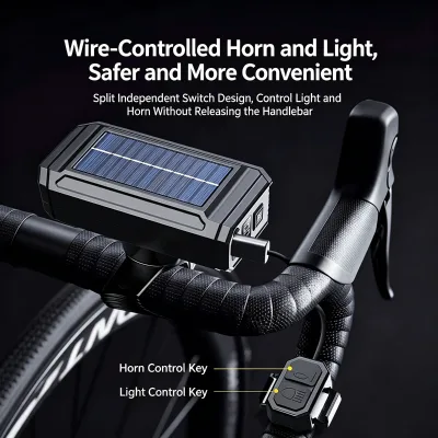 High Decibel Horn Bicycle Front Light, Solar USB Charging Bike Headlamp Cycling Safety Warning Light