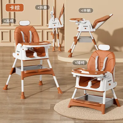 Foldable Baby High Chair Adjustable Height Reclining Feeding Chair Removable Double Tray Safety Harness