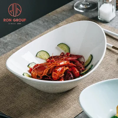Modern Minimalist Pure White Bone China Oval Bowl with Embossed Dot Texture Dishwasher Safe for Seafood Pasta Restaurant Hotel