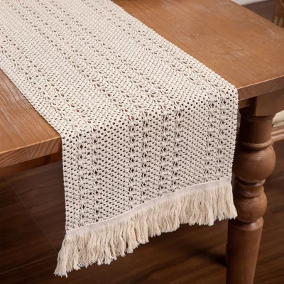 Table Runner Long Natural Cotton Woven Runner with Tassels for Home Dining Table Decor