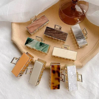 New Arrival Acrylic Wood Marble Hair Claw Metal Rectangle Hair Claw for Women Girls