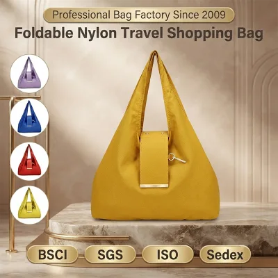 Wholesale OEM&ODM Soft Nylon Shopping Bag Wrinkle Green Large Bag Fold Into Small Storage Carry Pouchxq