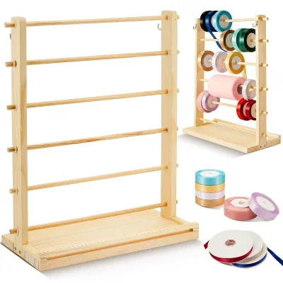 6-Tier Wooden Ribbon Rack Cable Management Organizer Sewing Crafts Florist Arts Wrapping Gifts Wreath Crochet Roll-Mesh Thread