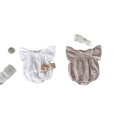 2025 Summer Baby Summer Baby Clothes Plain Color Hollow Out Embroidered Clothes Baby Triangle Crawling Clothes Lace Romper