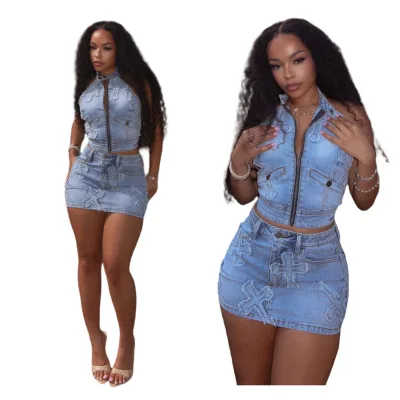 Emboss Cross Embroidery Denim Skirt Set Jean Two Piece Set 2 Piece Set Women