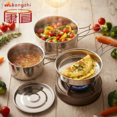 Outdoor Cooking Set 304 Stainless Steel Camping Cookware Kit Pot Frying Pan Saucepan Foldable Handle Rust-resistant Lightweight