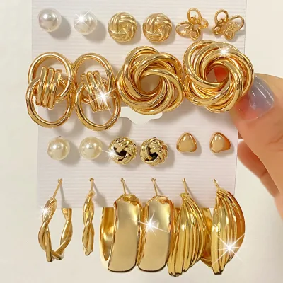 Fashion Acrylic Pearl Crystal Gold Hoop Earrings Set Oversize Metal Circle Butterfly Heart Flower Punk Jewelry Earrings