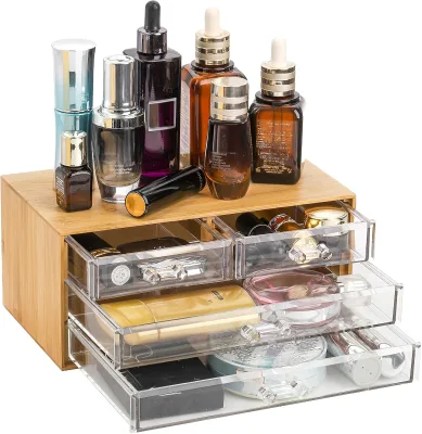 Bamboo Cosmetic Storage Organizer with 4 Acrylic Drawers Clear Makeup Organizer Jewelry Storage Box