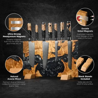 Super Luxury Onyx Acacia Magnetic Knife Blocks Multi-Slot Storage Eco-Friendly & Durable 10-Piece for Modern Kitchen