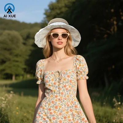 Custom Wholesale Outdoor Beach Women's Striped Straw Sun Hat Foldable Polyester Fisherman Embroidered Hat Natural Paper Travel