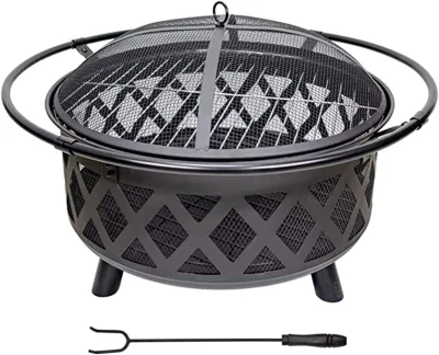 30 Inch Outdoor Fire Pit with Mesh Lid and Poker for Outdoor Heating and Garden Decoration