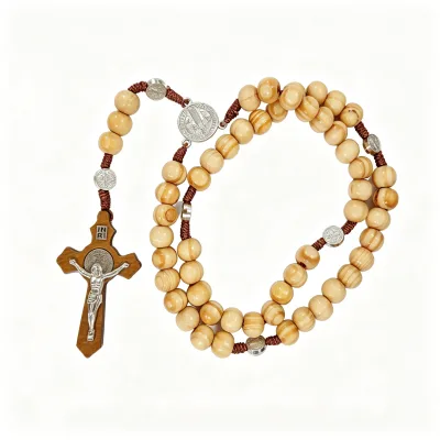 Catholic 59 Beads Wooden Rosary St. Benedict Crucifix Pine Olive Wood Prayer Necklace for Religious Worship Wall Hanging