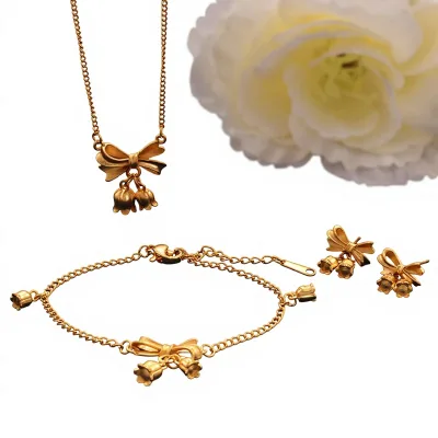 Vietnamese Alluvial Gold Escape Princess Bow-Knot Copper Ethnic Necklace Bracelet Stud Earrings Three-Piece Set Fashionable