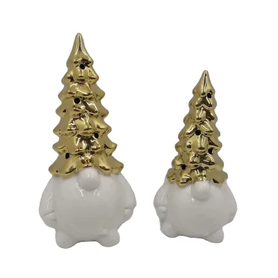 Ceramic Nordic SANTA With Christmas Tree Hat, Electroplate Gold Color Personalized