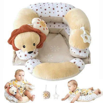 2-in-1 Tummy Time Mat and Seated Support with Sensory Toys for Newborns and Babies Includes Detachable Cushion